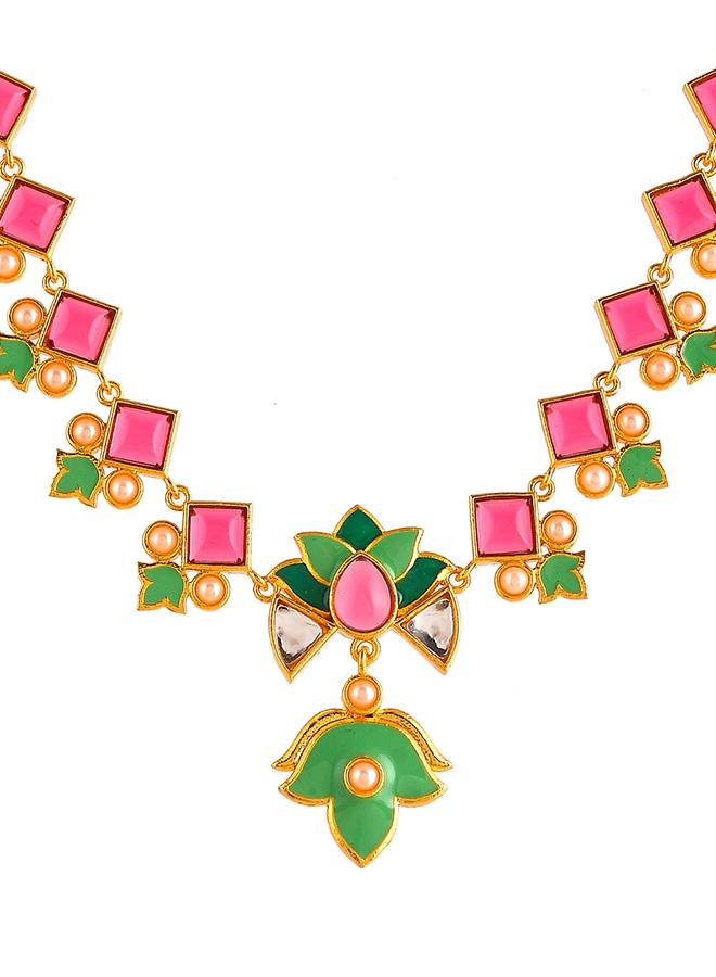 Forever More Pink Stones And Pearls Green Enamel Jewellery Set : 8905124498134