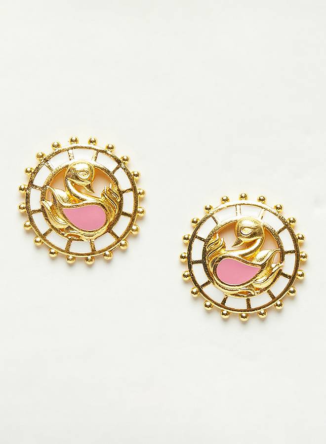Shwet Kamal Enamelled Peacock Motif Gold Plates Stud Earrings : 8905124444681