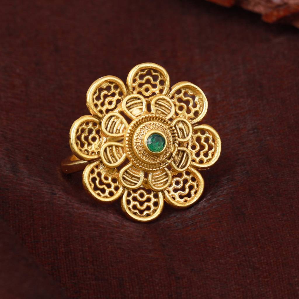 Estele Gold Plated Blossom Matte Finish Finger Ring With Green Crystals For Women : AD-149-IGGNRING