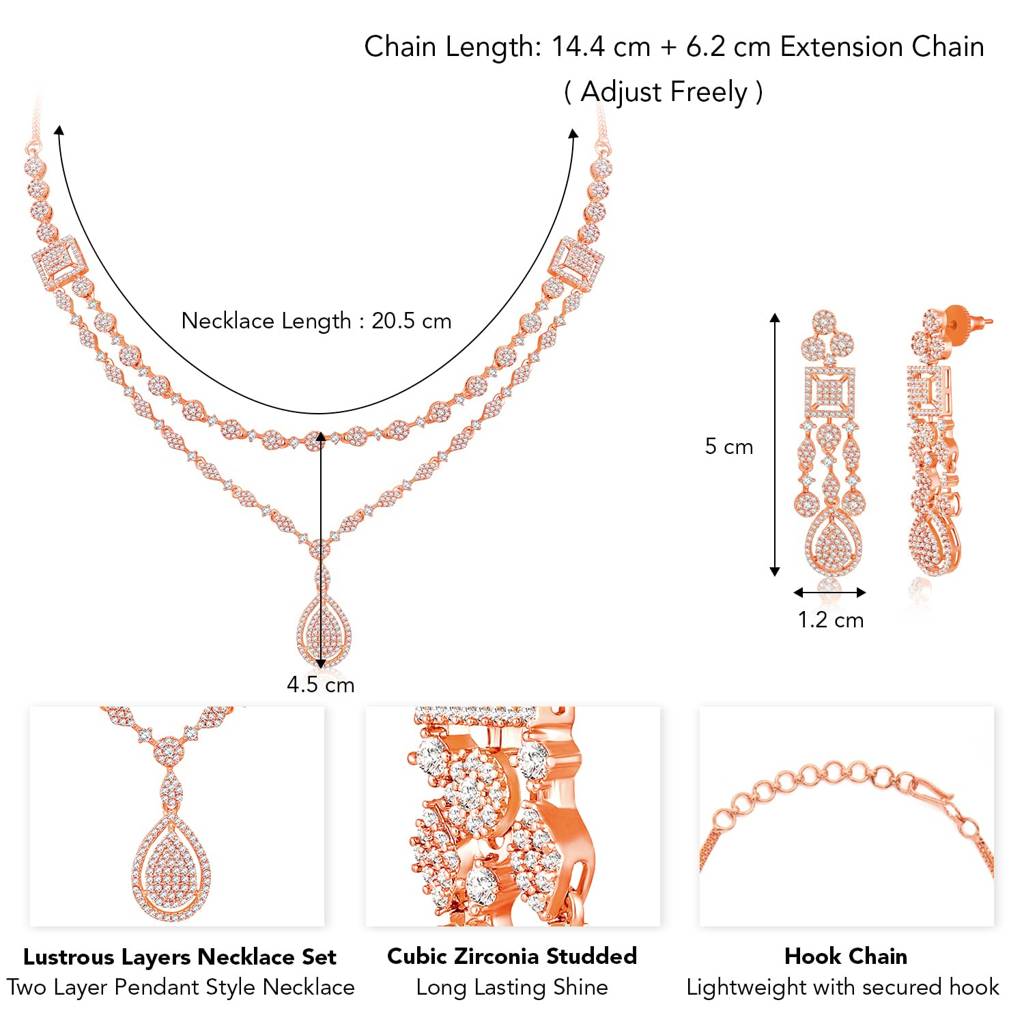 Cubic Zirconia Studded Two Layer Pendant Style Necklace & Drop Earrings Fancy Western Jewellery Set For Women-Pf67 : PF67N107C