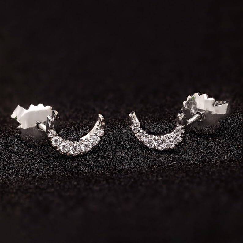 925 Silver Crescent Moon Stud Earrings | Cz Celestial Minimalist Jewelry Gift For Her : SE_000734