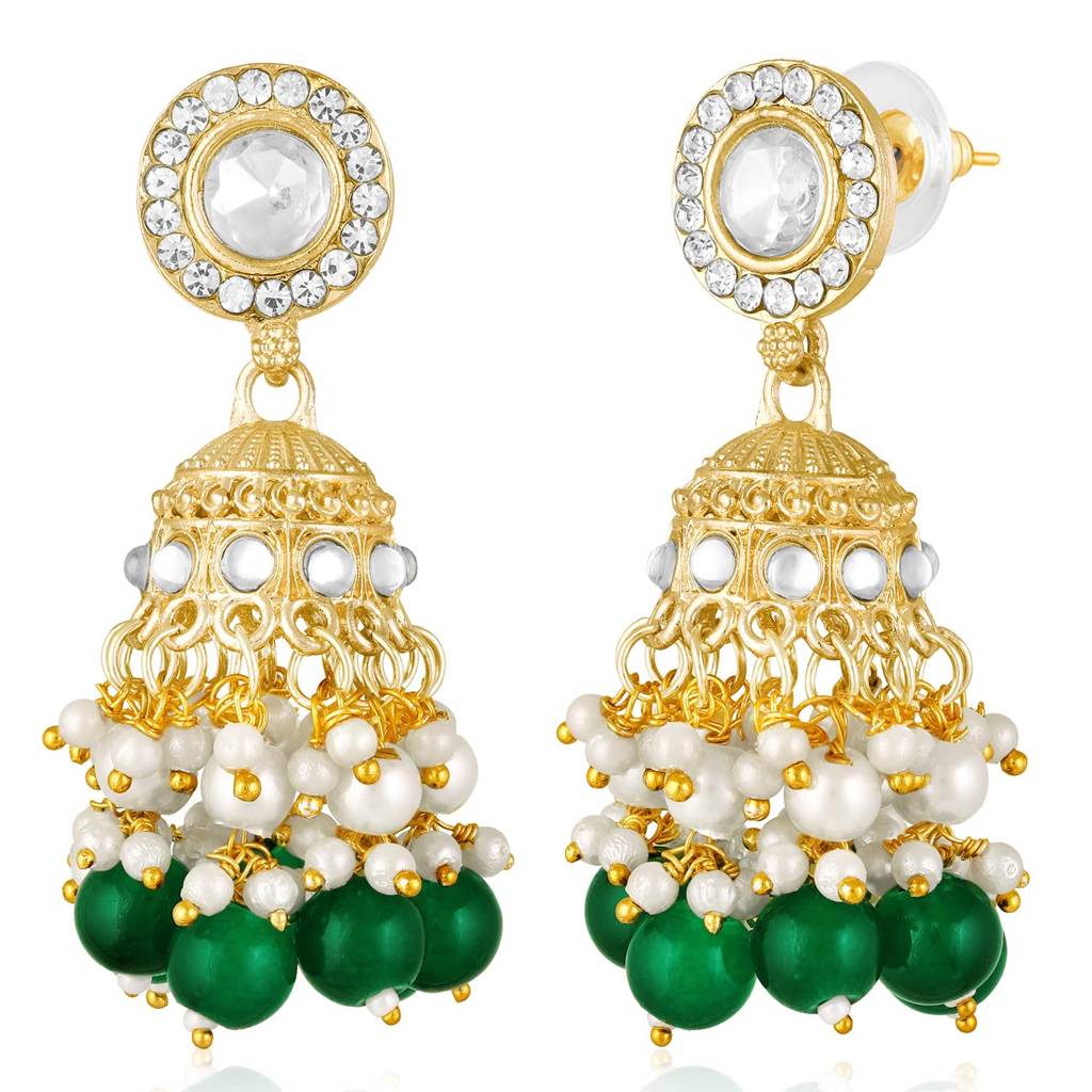 Gold Plated Green Kundan & Beads Studded Necklace Jhumki Earrings Maangtikka Set Ethnic Jewellery Gift For Women  : PF103N20WG