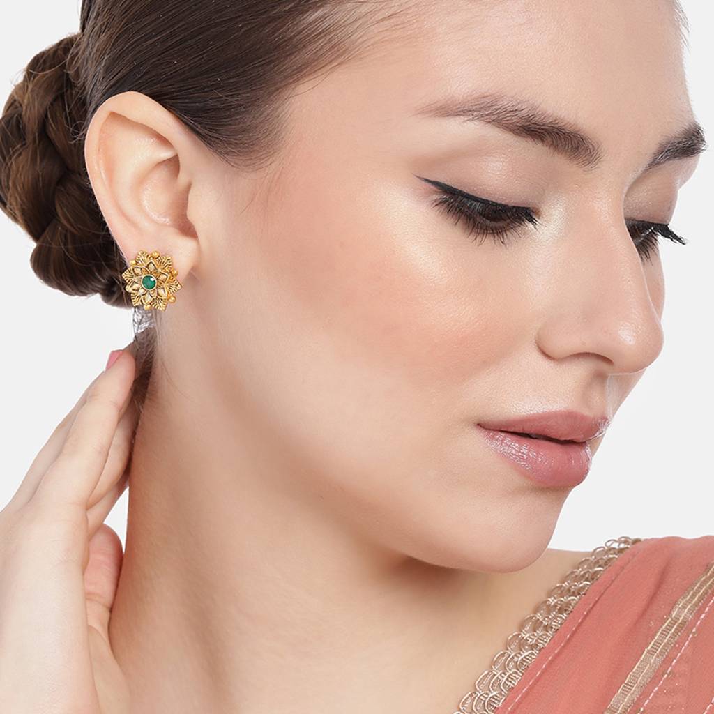 Estele Gold Plated Flower Designer Matte Finish Stud Earrings With Green Crystals For Women : AD-116715-IGGNER