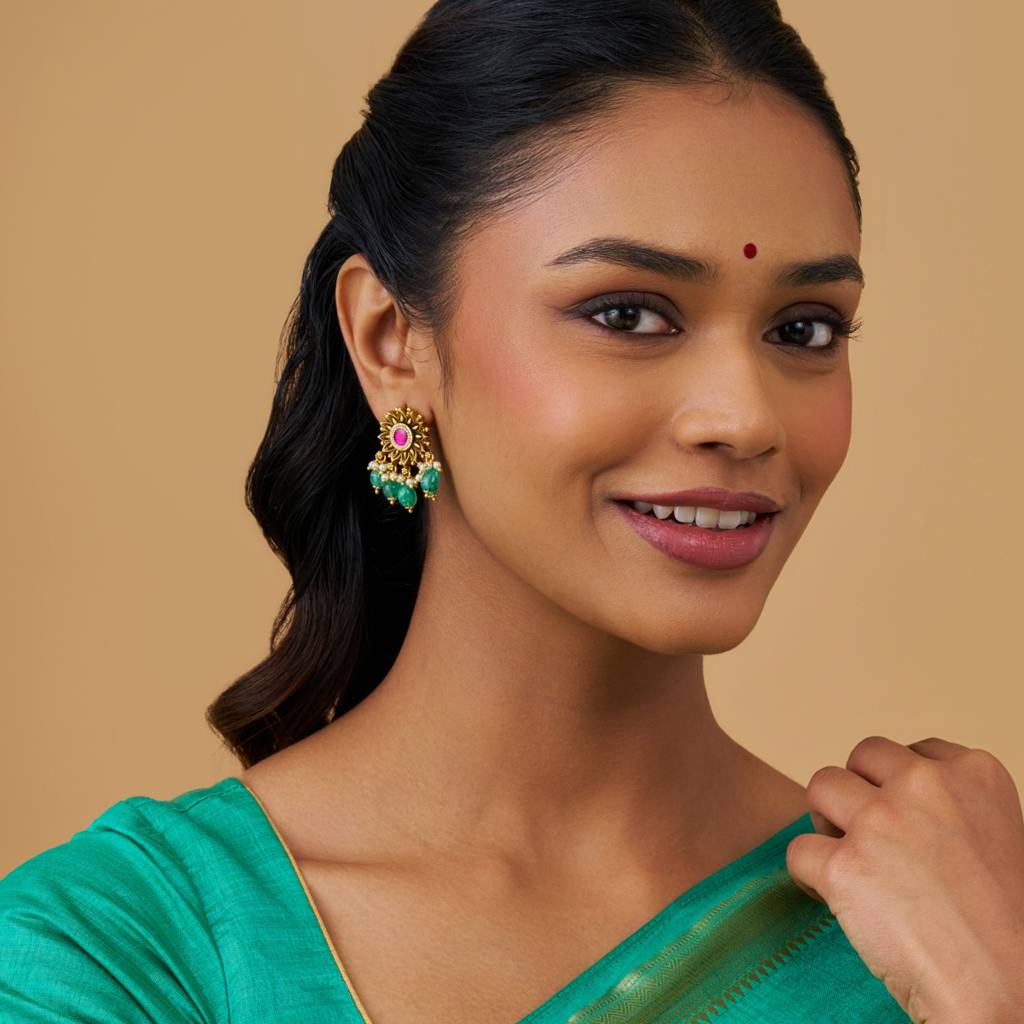 Kushal'S Fashion Jewellery Ruby-Green Gold-Plated Ethnic Antique Earring Studs-176921 : 424211