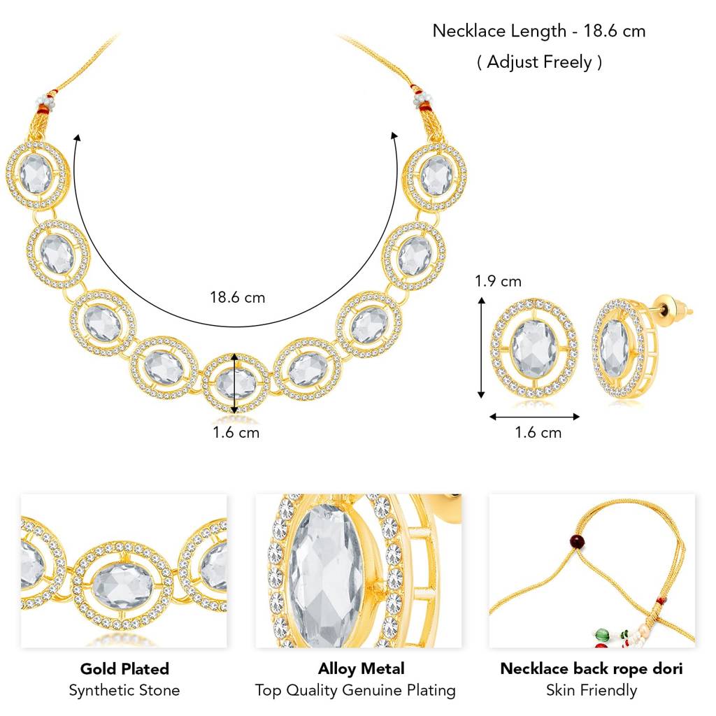 Gold Plated Synthetic Stone Studded Fancy Choker Necklace & Stud Earrings Fashion Jewellery Set Gift For Women & G : PF09N386W
