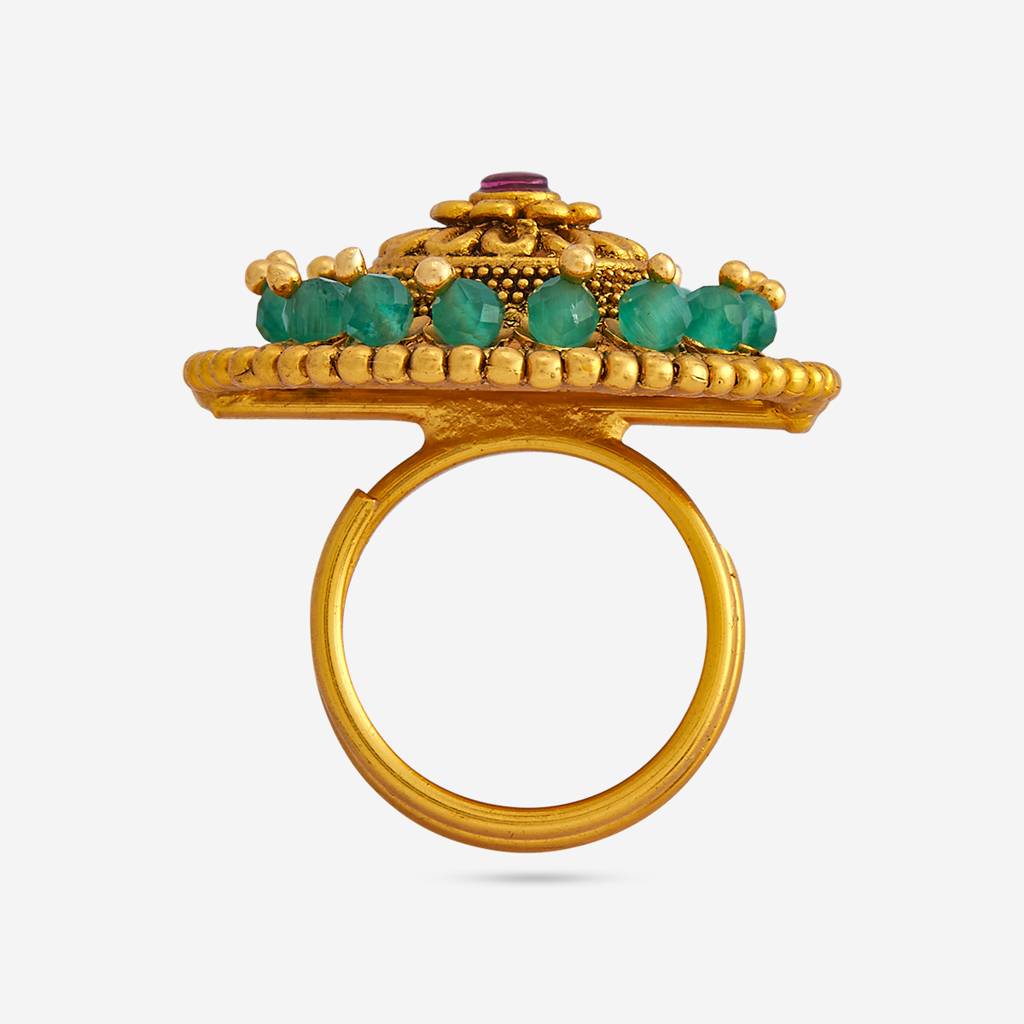 Ruby-Green Gold-Plated Ethnic Antique Finger Ring-447882 : 447882
