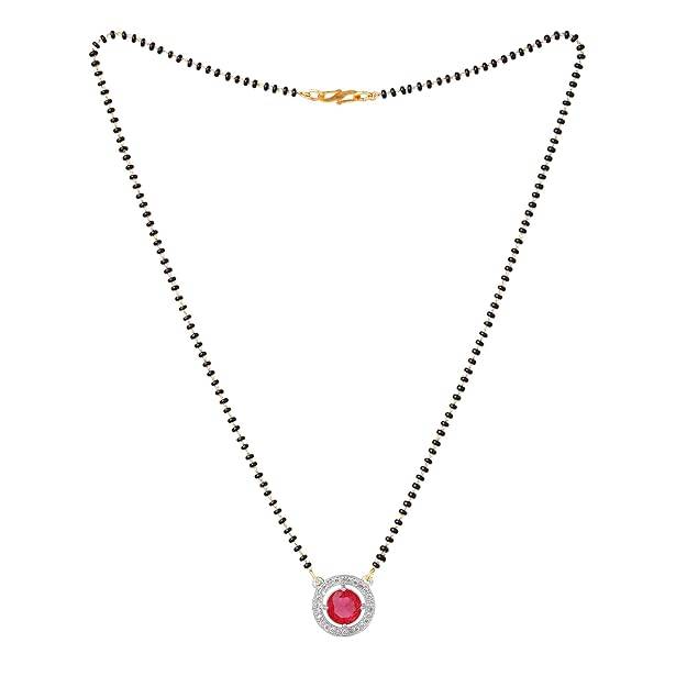 Gold & Rhodium Plated Chic & Classy Circular Pendant Mangalsutra Chain With Black Beads & Ruby Crystal Fo : OSAKMS013-2TNRBNK