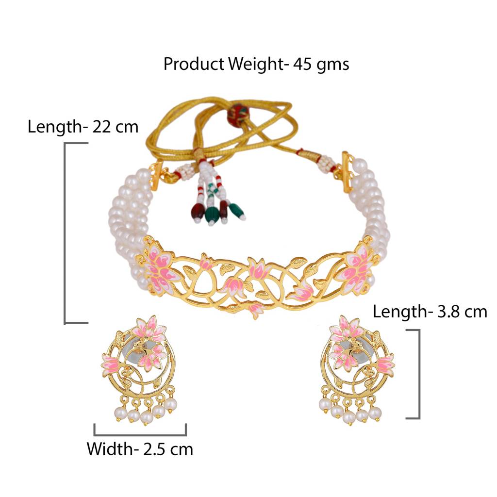 Estele Gold Plated Stylish Lotus Designer Pearl Choker Necklace Set With Pink Enamel For Girl'S & Women : 10190-IGNKER