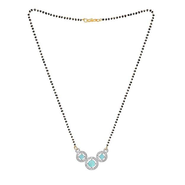 Gold & Rhodium Plated Dazzling Trio Circular Pendant Mangalsutra Chain With Black Beads & Mint Green Crys : OSAKMS007-2TNMGNK