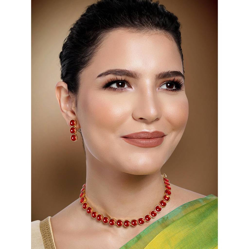 Gold Plated Choker Necklace With Drop Earrings Traditional Jewellery Set For Women Girls-Pf04N3392 : PF04N3392R