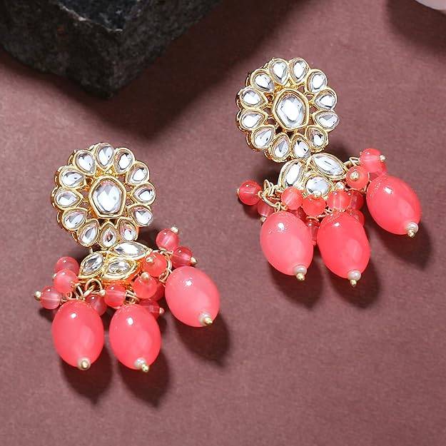 Estele Gold Plated Flower Designer Gehena Drop Earrings With Mint Pink Beads For Women : PJ-003-IGMPER