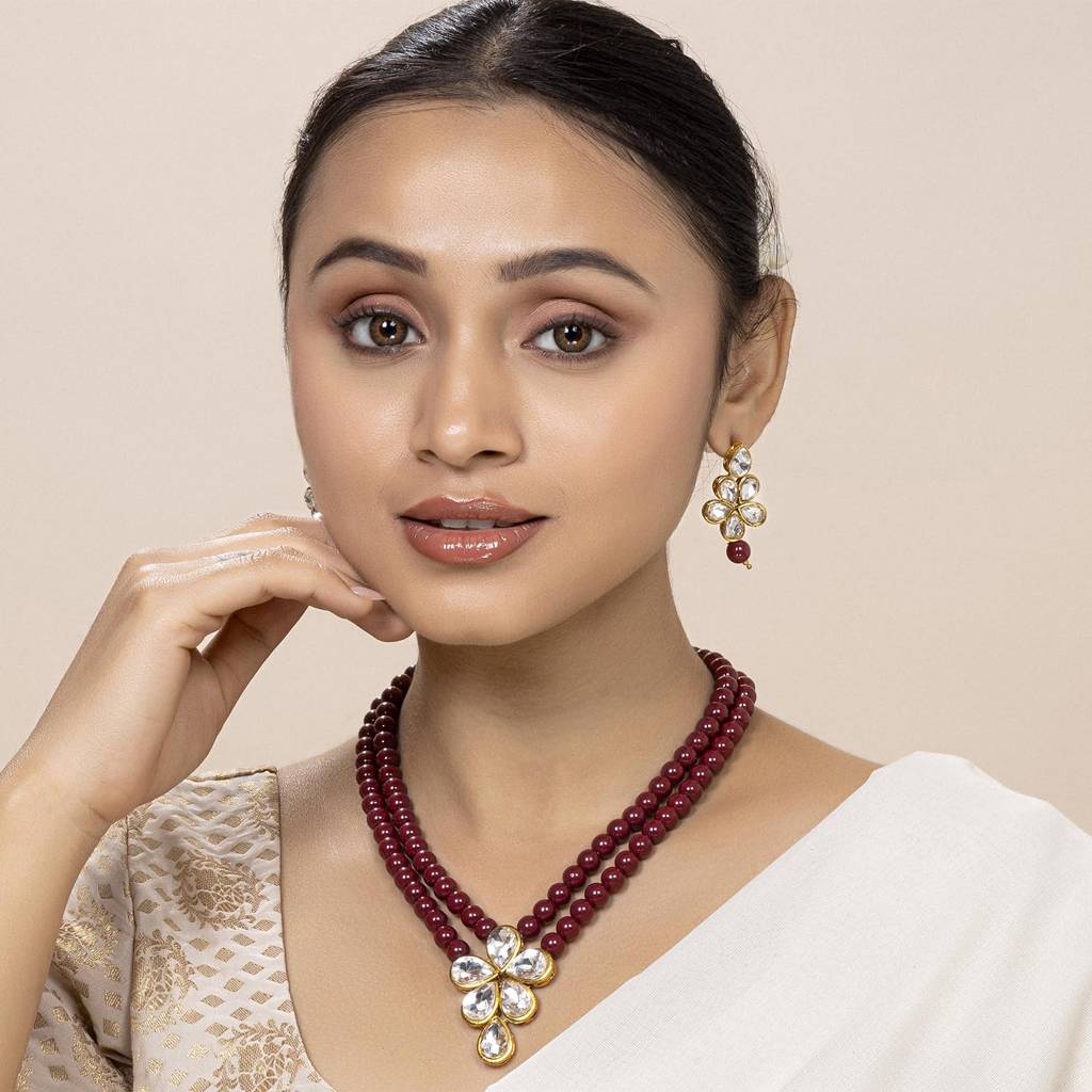 Crystal Faux Pearl Long Necklace With Drop Earrings Traditional Ethnic Jewellery Set For Women Girls-Pf24N184 : PF24N184M