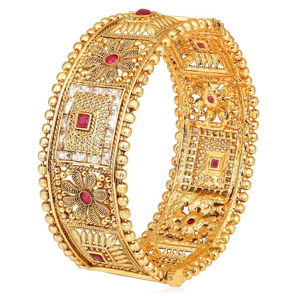 Gold Plated Synthetic Stone Studded Thick Single Piece Openable Bangle Kada Traditional Jewellery For Women (S : PF74B107-S1-6