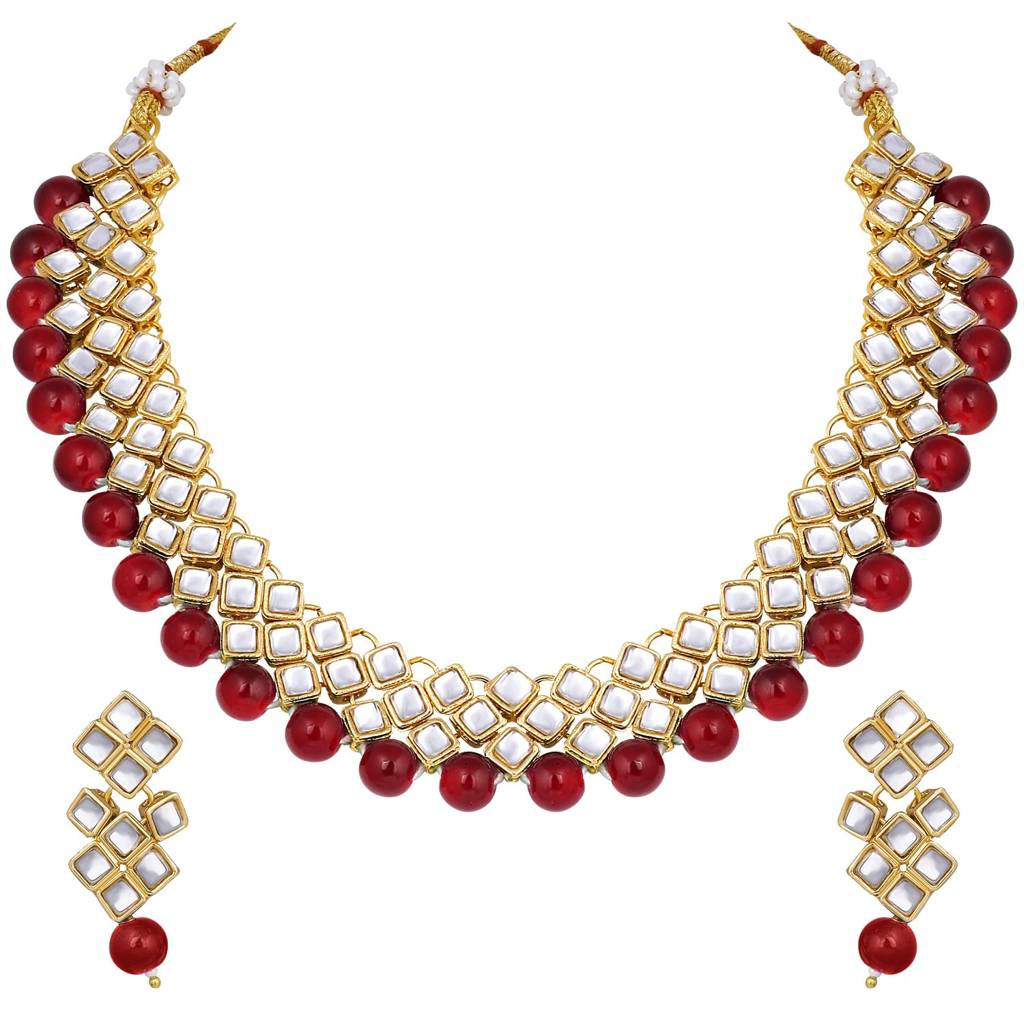 Gold Plated Indian Ethnic Kundan Pearl Fancy Bridal Traditional Choker Necklace Jewellery Set With Earrings For W : PF25N1018M