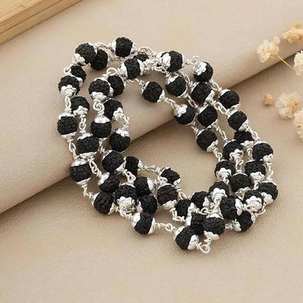 Trendy Black Rudraksha Beads Mala With Silver Finish Caps For Devotional & Festive Wear : OSAK017-IRBKCHAIN