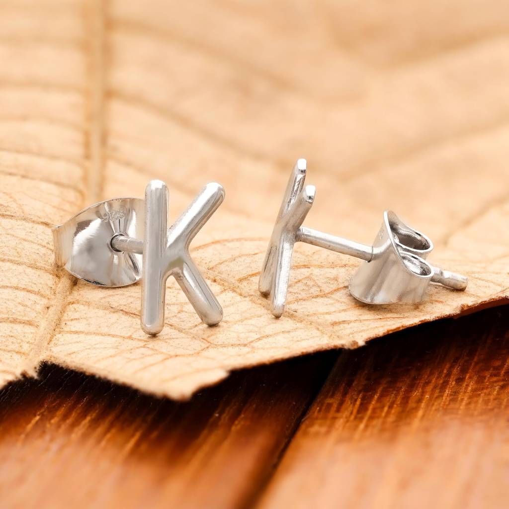 925 Silver K Initial Stud Earrings | Alphabet Letter Jewelry : SE_000854