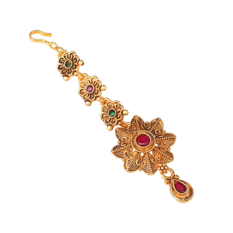 Estele Gold Plated Gorgeous Floral Matte Finish Maang Tikka With Multi-Color Crystals For Women : 036-IGGNRBTIKAA