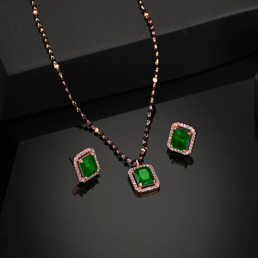 Estele Rose Gold Plated Cz Square Mangalsutra Necklace Set With Emerald Stone For Women : ADMS041-RGGNNKER