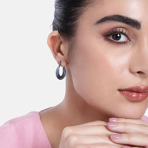 Estele Cobalt Blue Plated Stylish Triple Layered Metallic Hoop Earrings For Women & Girls : 800706-BLER