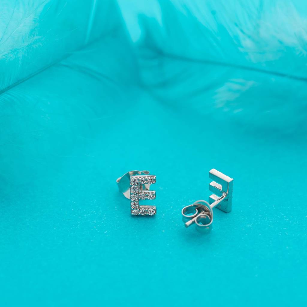 925 Silver E Initial Stud Earrings | Tiny Cz Alphabet Studs Personalized Gift For Her : SE_000710
