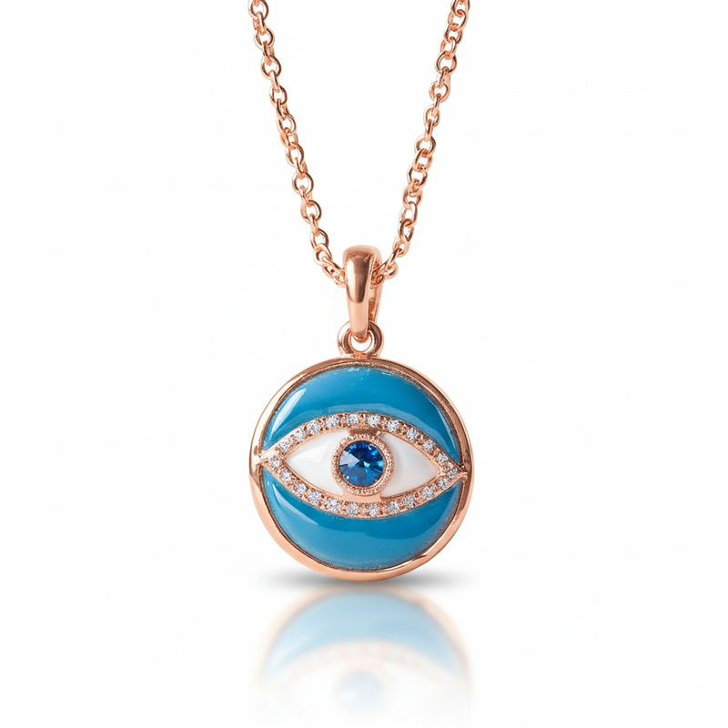 Bright Blue Enamel Charm Round Evil Eye Moissanite Necklace : TGDPE-3-Y