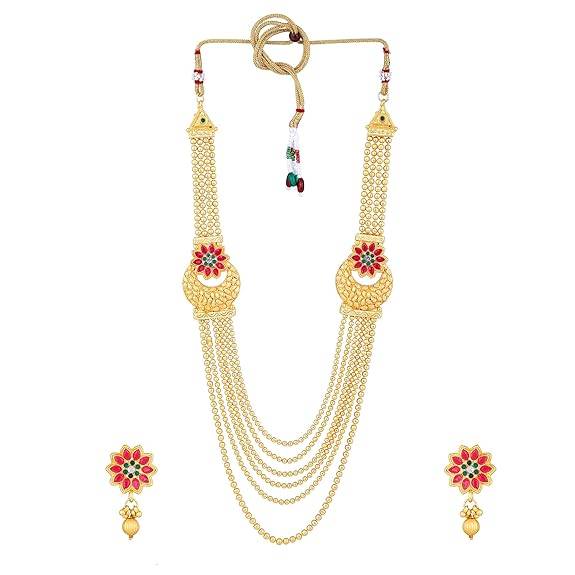 Estele Gold Plated Beautiful Gehena Long Necklace Set With Ruby & Green Stones For Women : PJ-030-IGRBGNNKER