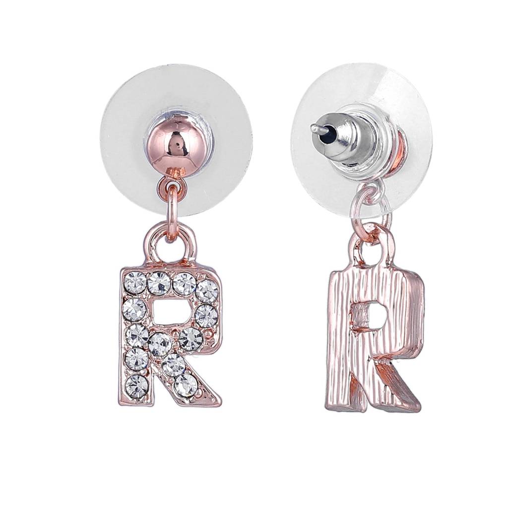 Estele Rosegold Plated Magnificent Medium 'R' Letter Earrings With Crystals For Women : 801701-RG-RER