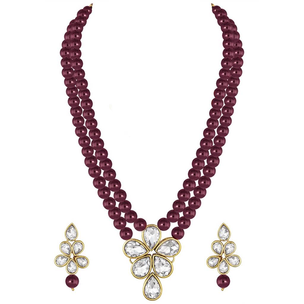 Crystal Faux Pearl Long Necklace With Drop Earrings Traditional Ethnic Jewellery Set For Women Girls-Pf24N184 : PF24N184M
