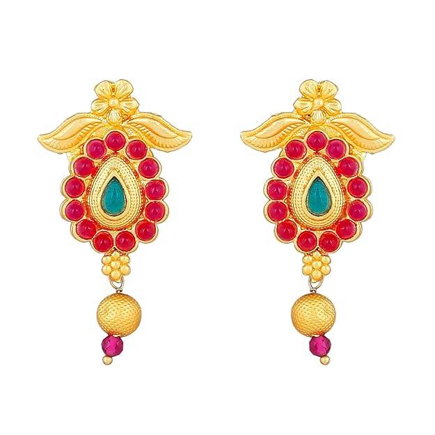 Estele Gold Plated Traditional Gehena Pearl Necklace Set With Ruby Crystals For Women : PJ-046-IGRBNKER