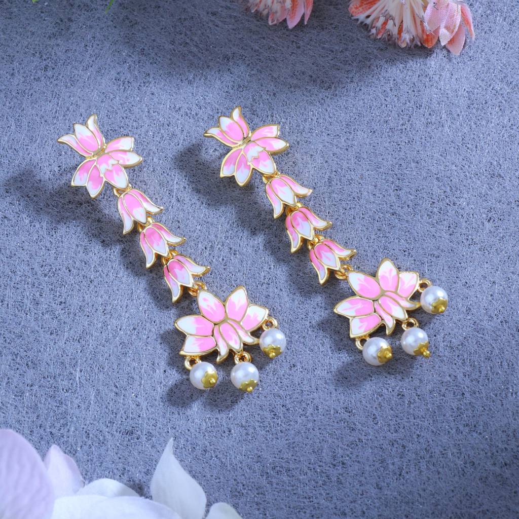 Estele Gold Plated Pink Enamel Lotus Designer Splendid Pearl Drop Dangler Earrings For Girl'S & Women : 799711-IGER