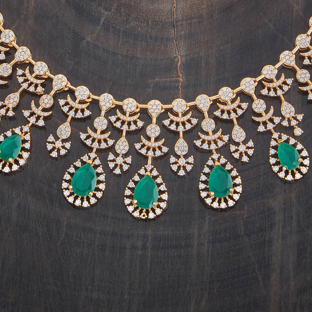Green Gold-Plated Party Zircon Necklace Set-424448 : 424448