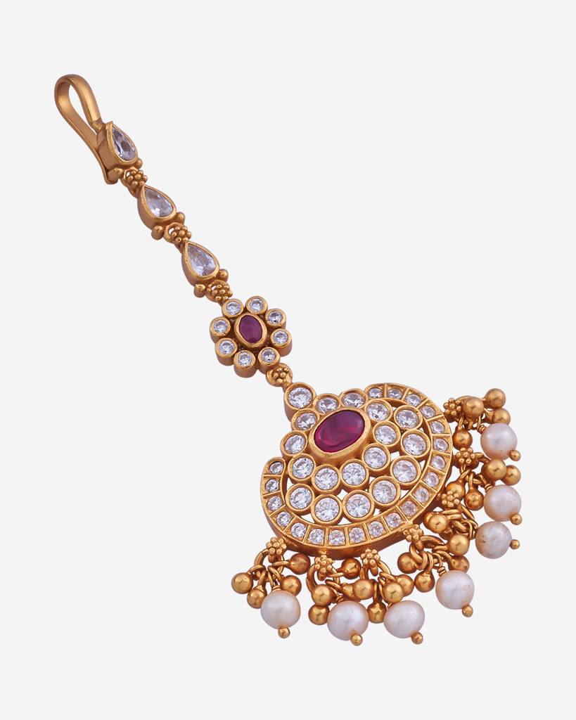 Kushal'S Fashion Jewellery Ruby Gold-Plated Ethnic 92.5 Pure Silver Temple Maang Tikka       -164652 : 398258