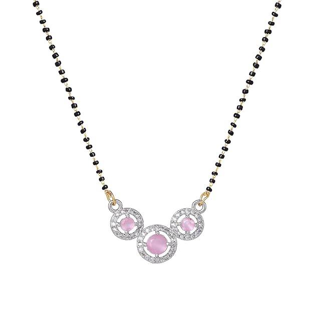 Gold & Rhodium Plated Lavish Trio Circular Pendant Mangalsutra Chain With Black Beads & White Crystals Fo : OSAKMS007-2TNMPNK