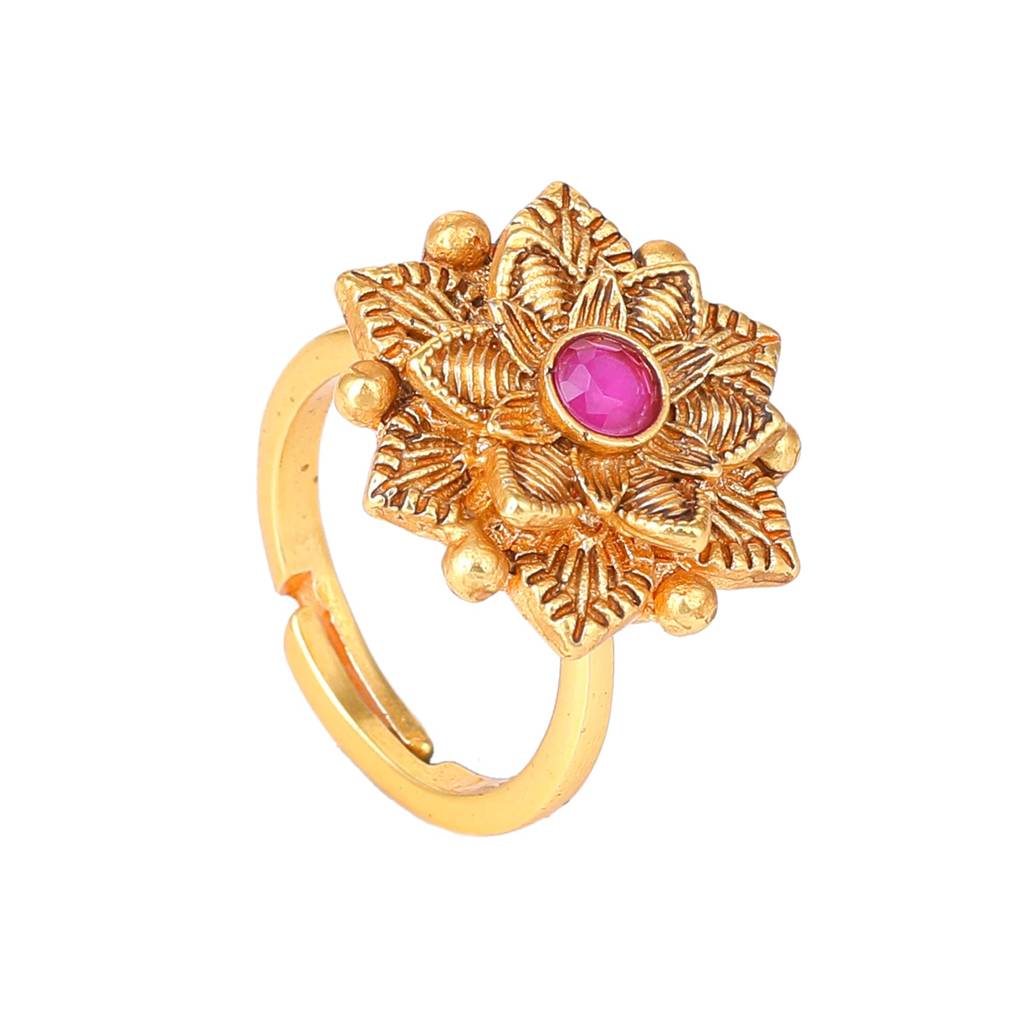Estele Gold Plated Flower Designer Matte Finish Finger Ring With Ruby Crystal For Women : AD-151-IGRBRING