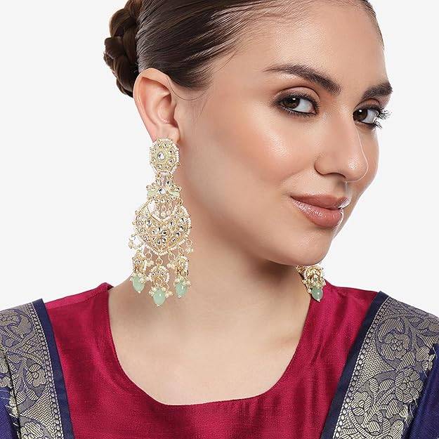 Estele Gold Plated Gorgeous Gehena Drop Earrings With Mint Green Beads For Women : PJ-015-IGMGER