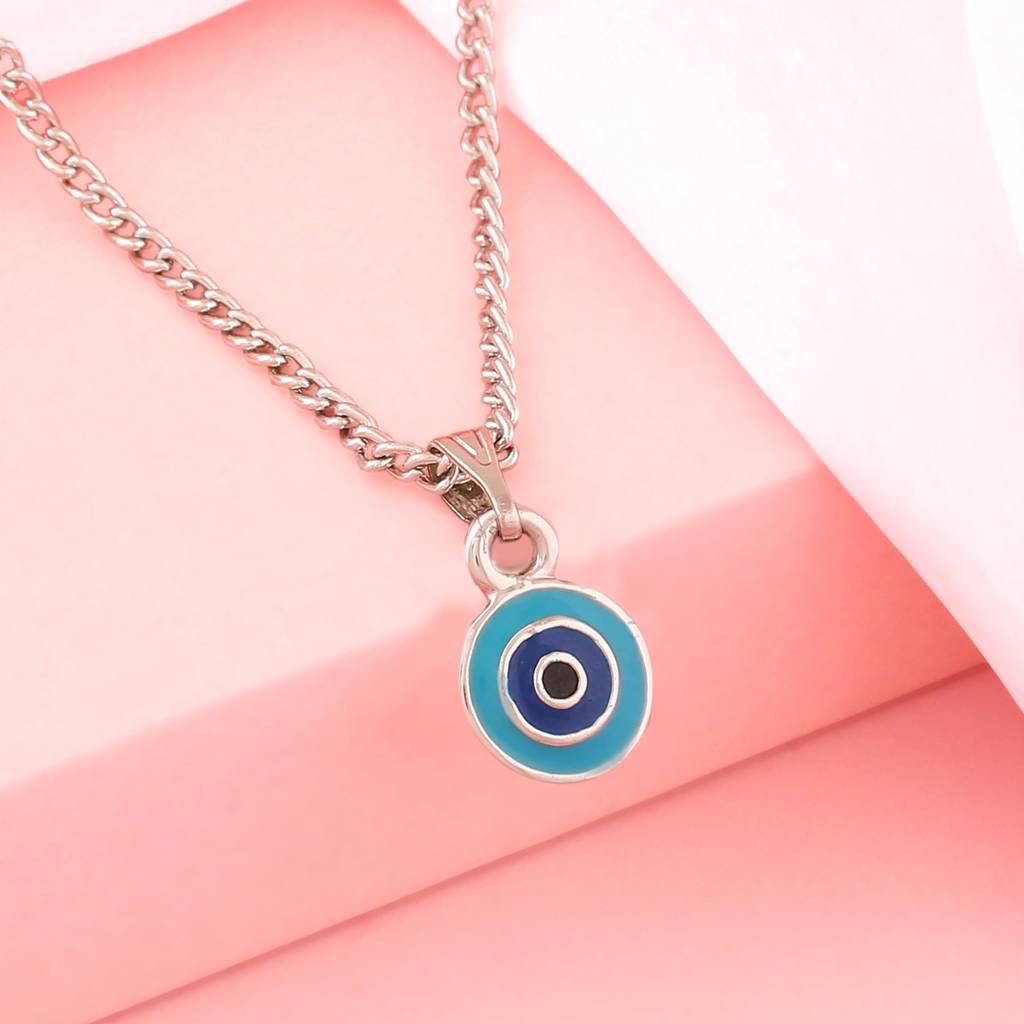 Estele Rhodium Plated Round-Shaped Evil Eye Charm Pendant With Chain For Girls/Women : 1016-IR-TQNBPENDANT