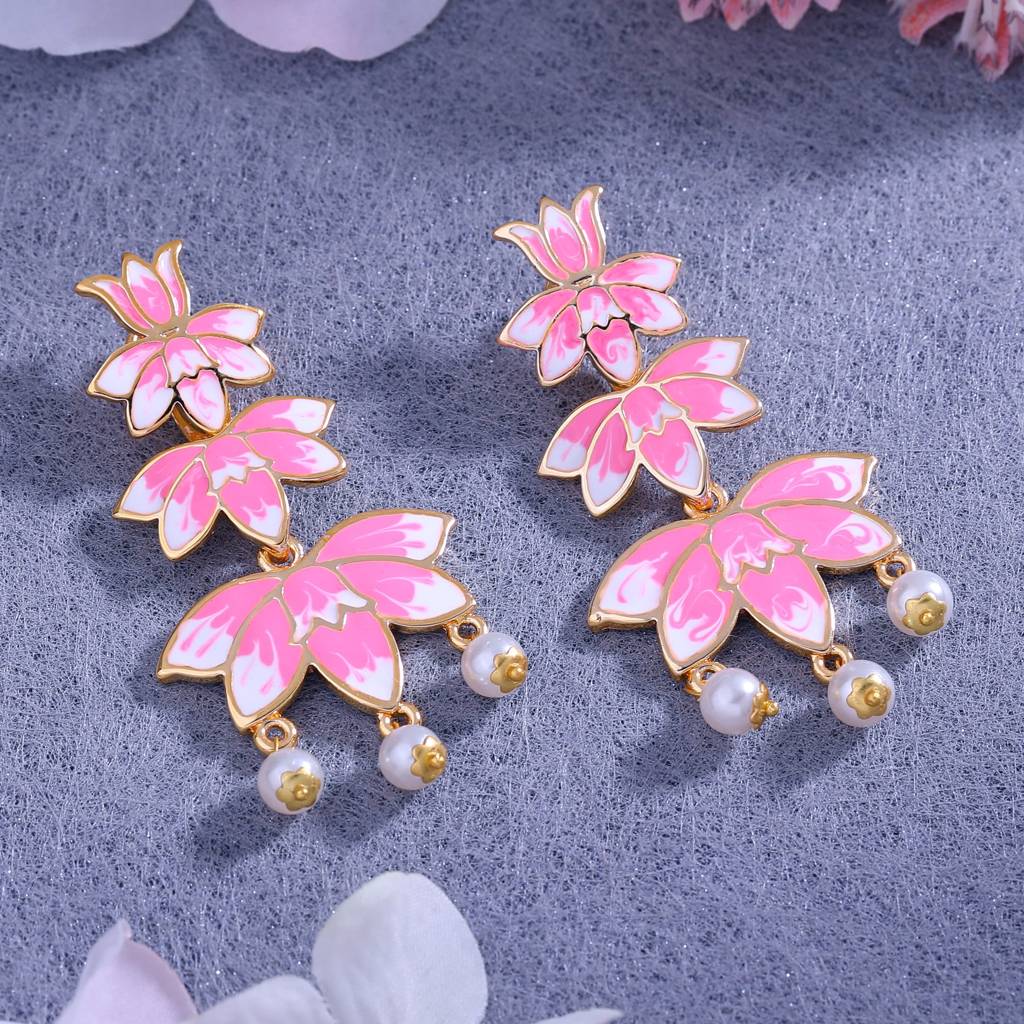 Estele Gold Plated Pink Enamel Lotus Designer Ravishing Pearl Drop Dangler Earrings For Girl'S & Women : 799701-IGER