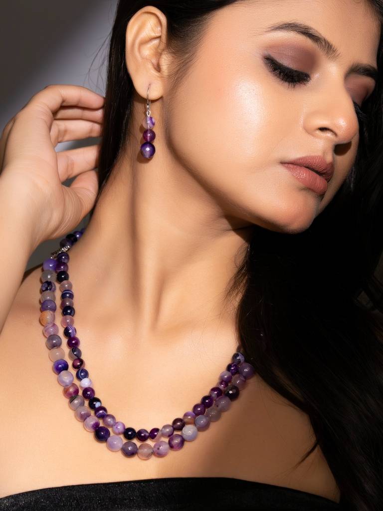 Semi Precious Purple Onyx Double Layered Necklace Set With Earrings : LAAJS03
