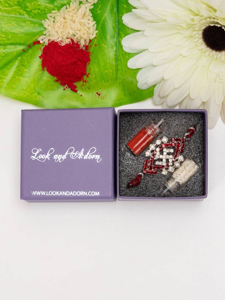 Exclusive American Diamond Maroon Swastik Rakhi Bracelet With Grey Maroon Dori Roli Chawal For Boys & Men : LAARKAD05