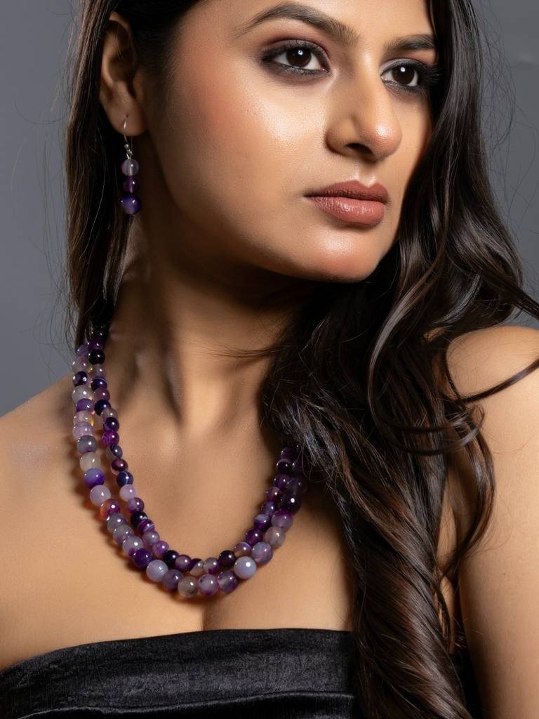 Semi Precious Purple Onyx Double Layered Necklace Set With Earrings : LAAJS03