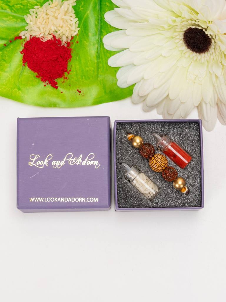 Handmade Acrylic Carved Bead Rudraksh Golden Rakhi For Men And Boys : LAARK08
