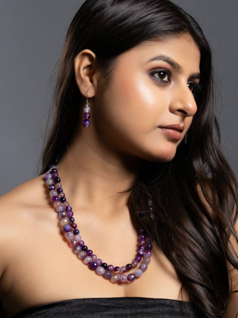 Semi Precious Purple Onyx Double Layered Necklace Set With Earrings : LAAJS03