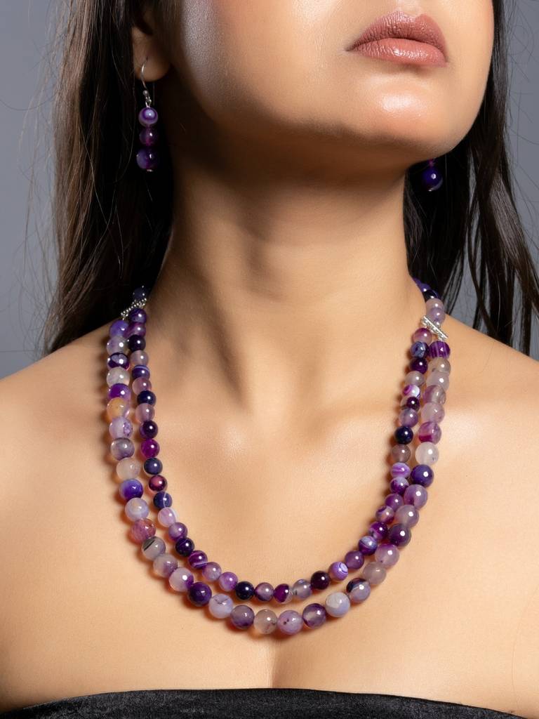 Semi Precious Purple Onyx Double Layered Necklace Set With Earrings : LAAJS03