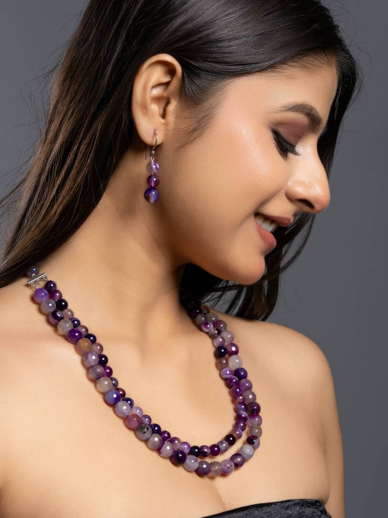 Semi Precious Purple Onyx Double Layered Necklace Set With Earrings : LAAJS03