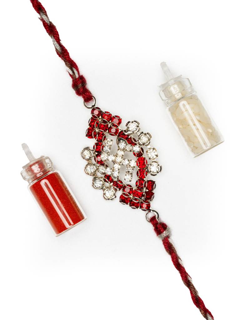 Exclusive American Diamond Maroon Swastik Rakhi Bracelet With Grey Maroon Dori Roli Chawal For Boys & Men : LAARKAD05