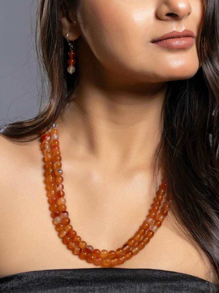 Natural Orange Carnelian Double Layered Necklace Set With Earrings : LAAJS04