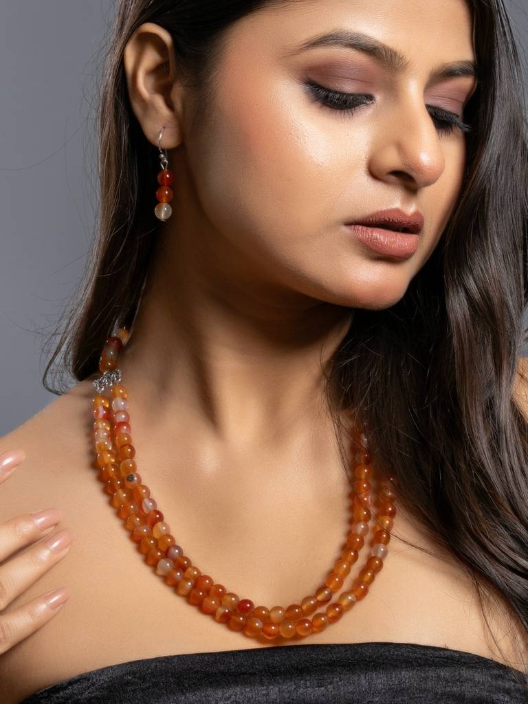 Natural Orange Carnelian Double Layered Necklace Set With Earrings : LAAJS04