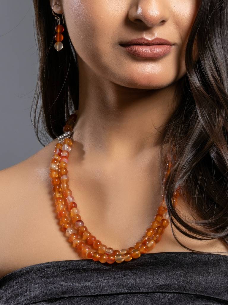 Natural Orange Carnelian Double Layered Necklace Set With Earrings : LAAJS04