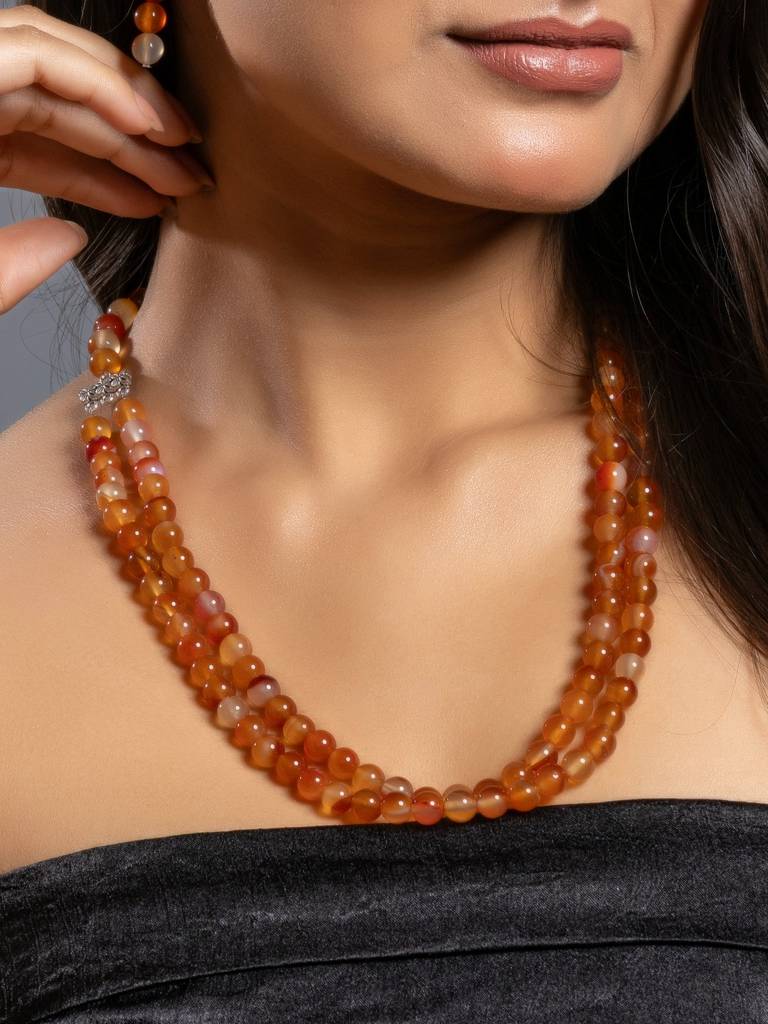 Natural Orange Carnelian Double Layered Necklace Set With Earrings : LAAJS04