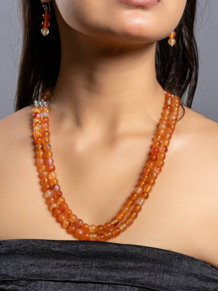 Natural Orange Carnelian Double Layered Necklace Set With Earrings : LAAJS04
